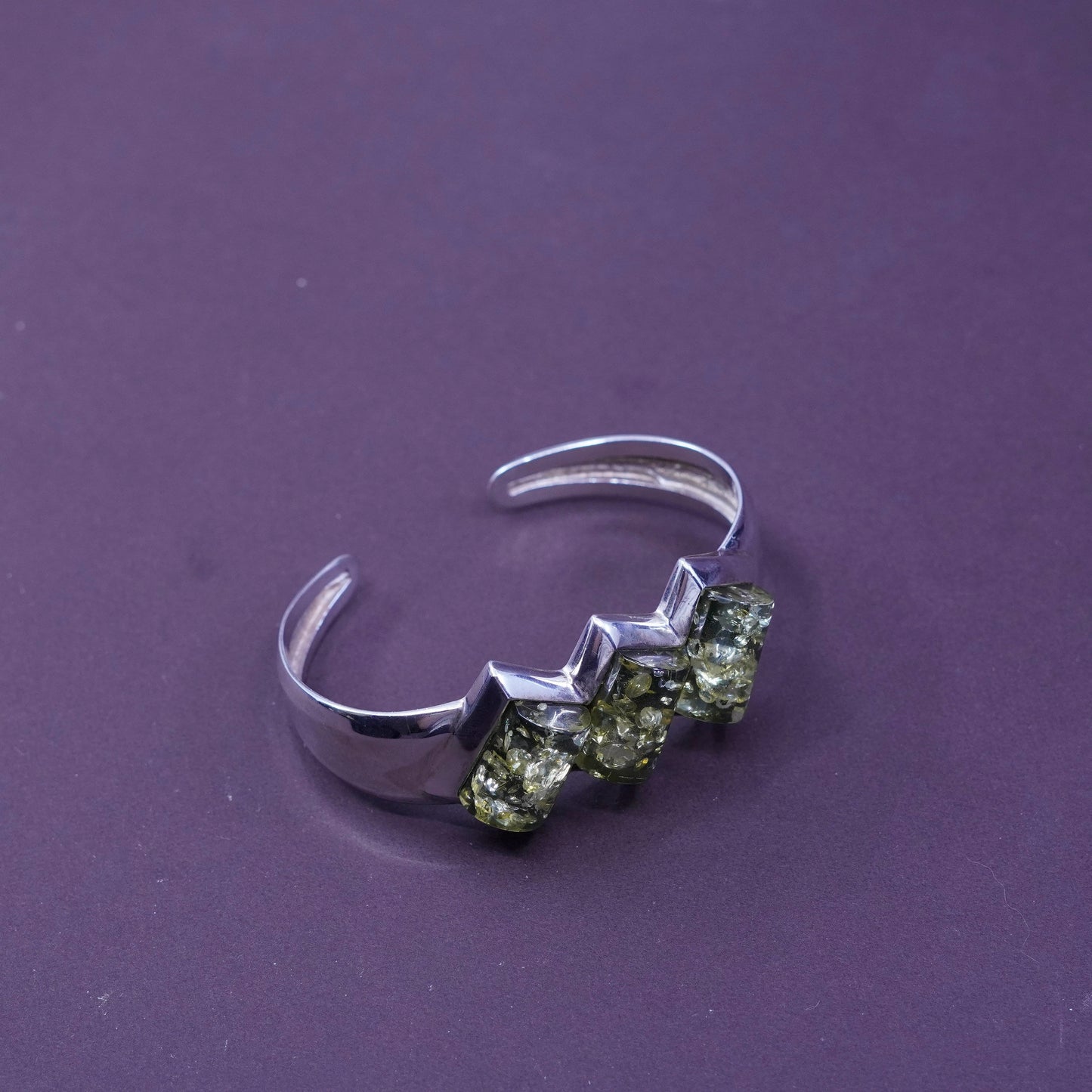 6.5”, Sterling silver handmade bracelet, statement 925 cuff with green Amber