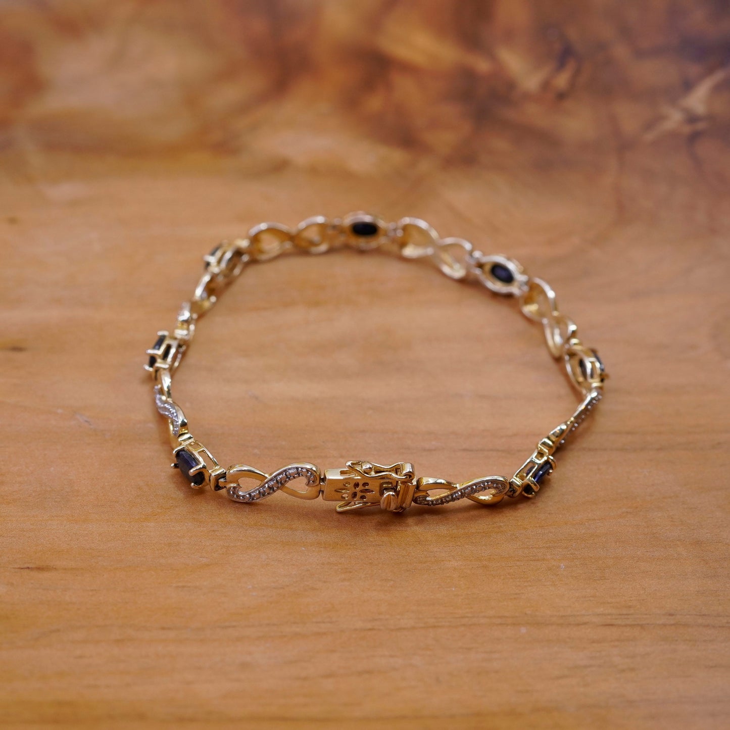 7.5”, vintage vermeil gold Sterling silver tennis bracelet diamond sapphire