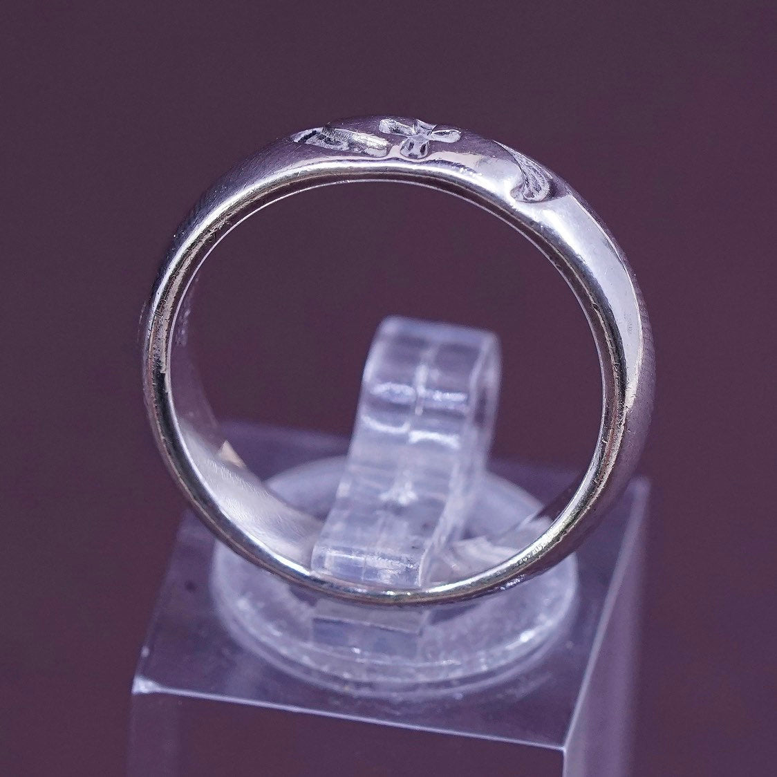 sz 8.25, vtg BSD Sterling silver prayer ring, 925 band w/ "cross" engraved