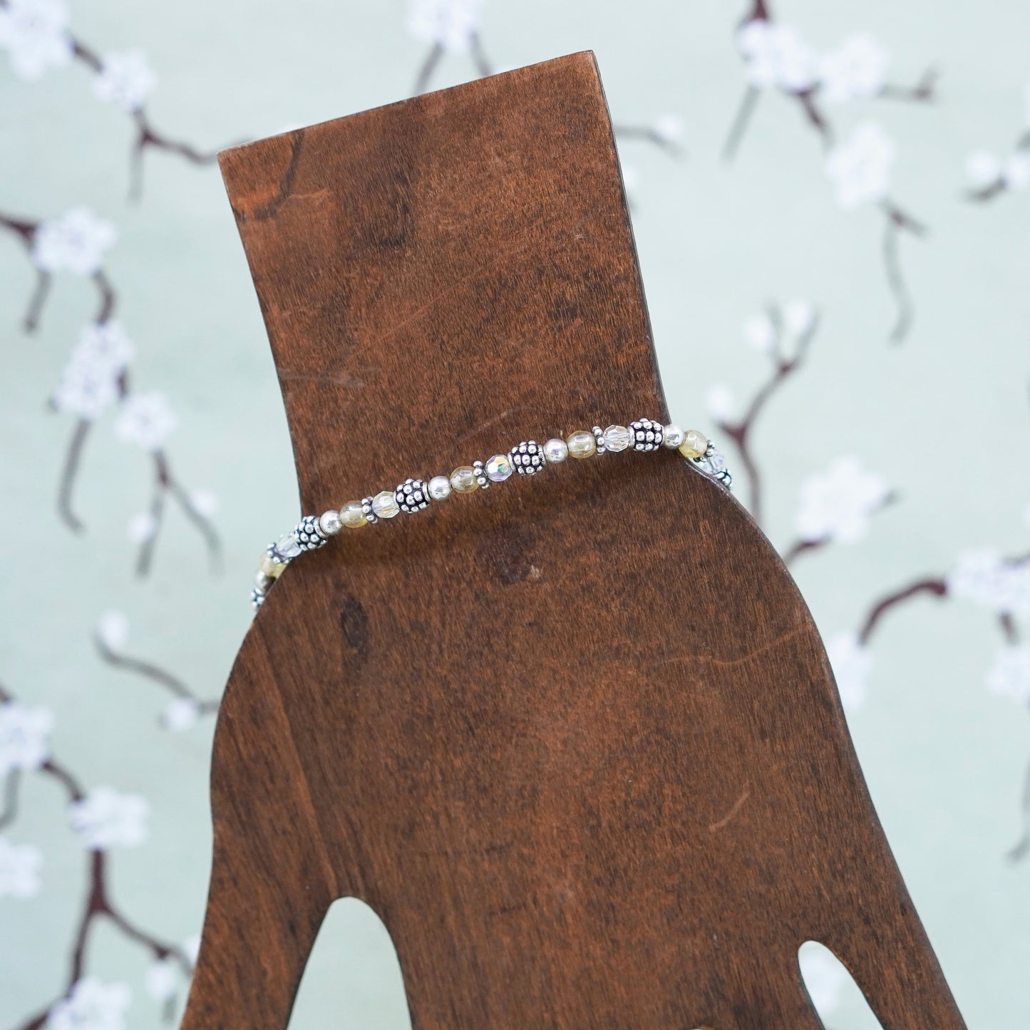 7.5” Vintage 925 Sterling silver handmade bracelet, crystal beads