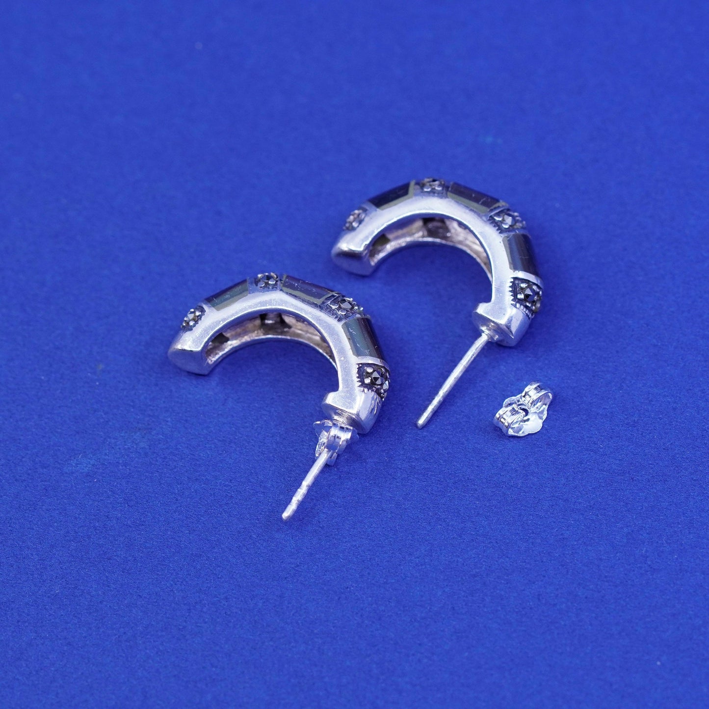 0.75”, Sterling silver handmade earrings, 925 hoops with marcasite and abalone
