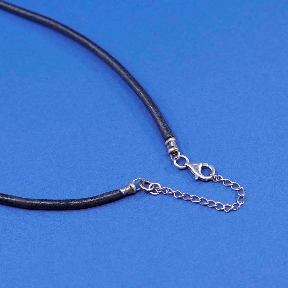 17” sterling 925 Silver necklace, Black Leather chain w/ 925 slide tube pendant