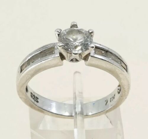 Sz 7.5, Vtg Sterling Silver Ring, 925 Silver Engagement Ring W/ Crystal