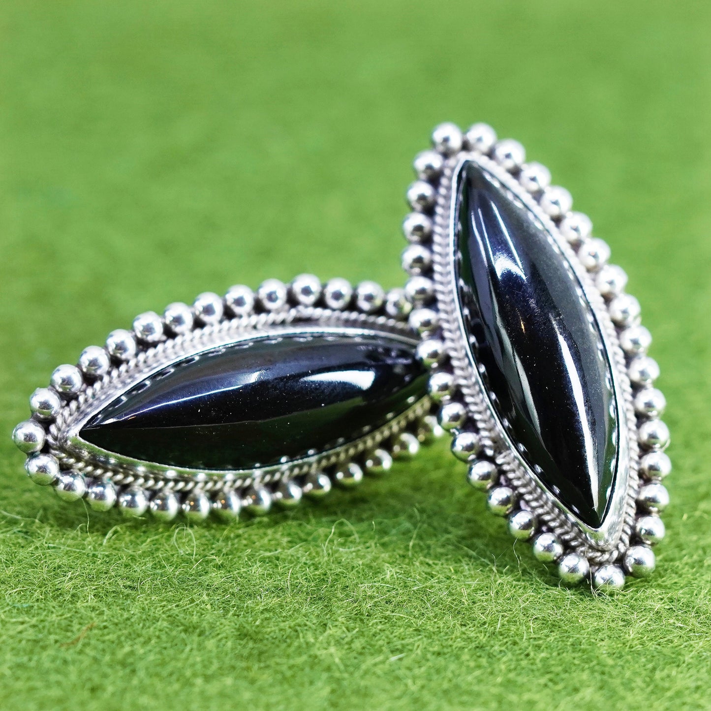 Vintage sterling 925 silver handmade screw back earrings with obsidian beads