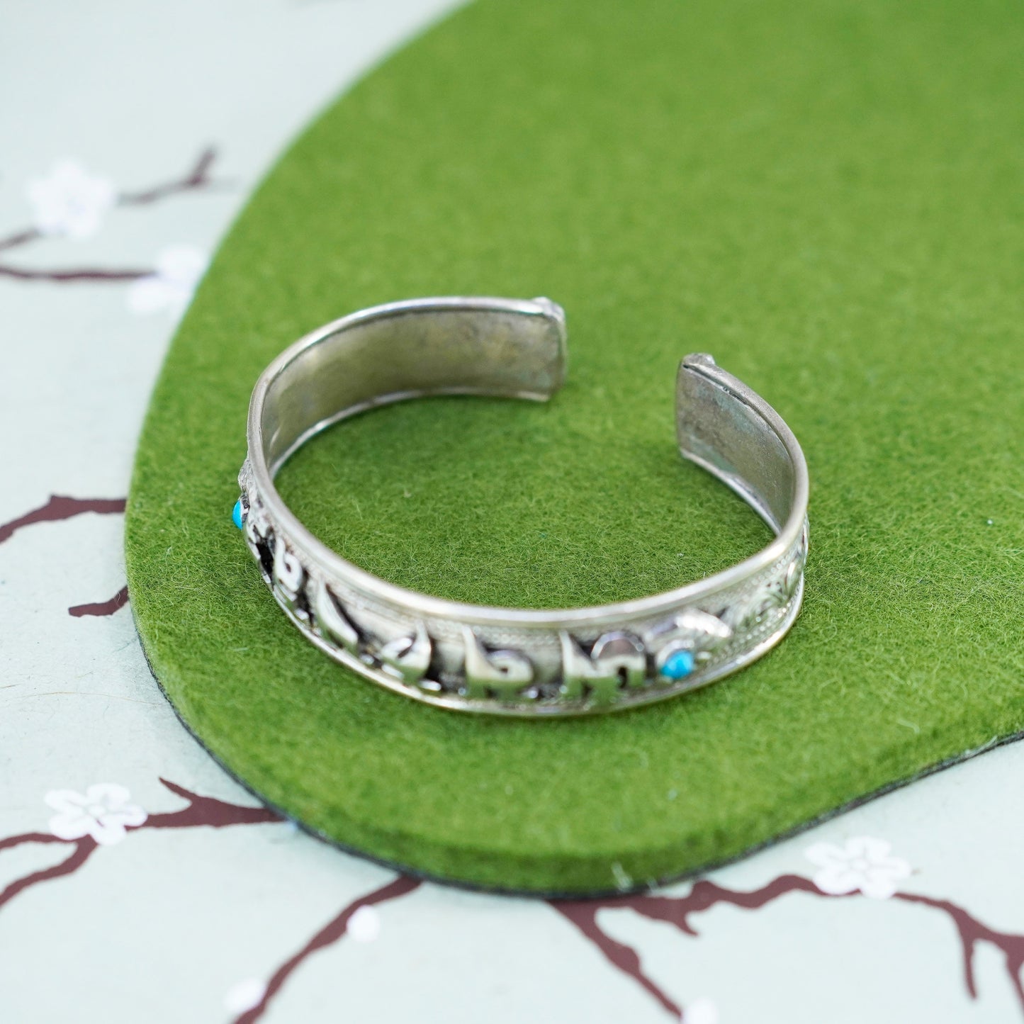 6”, Israel Sterling silver bracelet, handmade 925 cuff Hebrew words turquoise