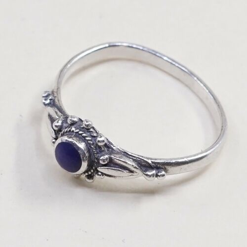 Sz 6.5, Vtg Sterling Silver Handmade Ring, 925 Band W Blue Onyx N Bali Beads