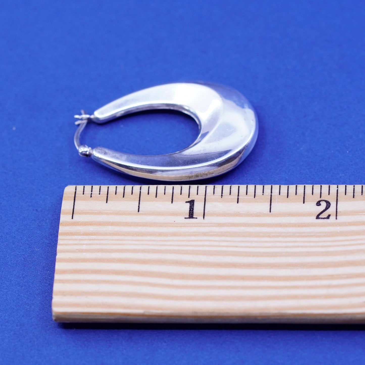 1.25”, vintage Sterling silver handmade earrings, ribbed oval 925 hoops, huggie