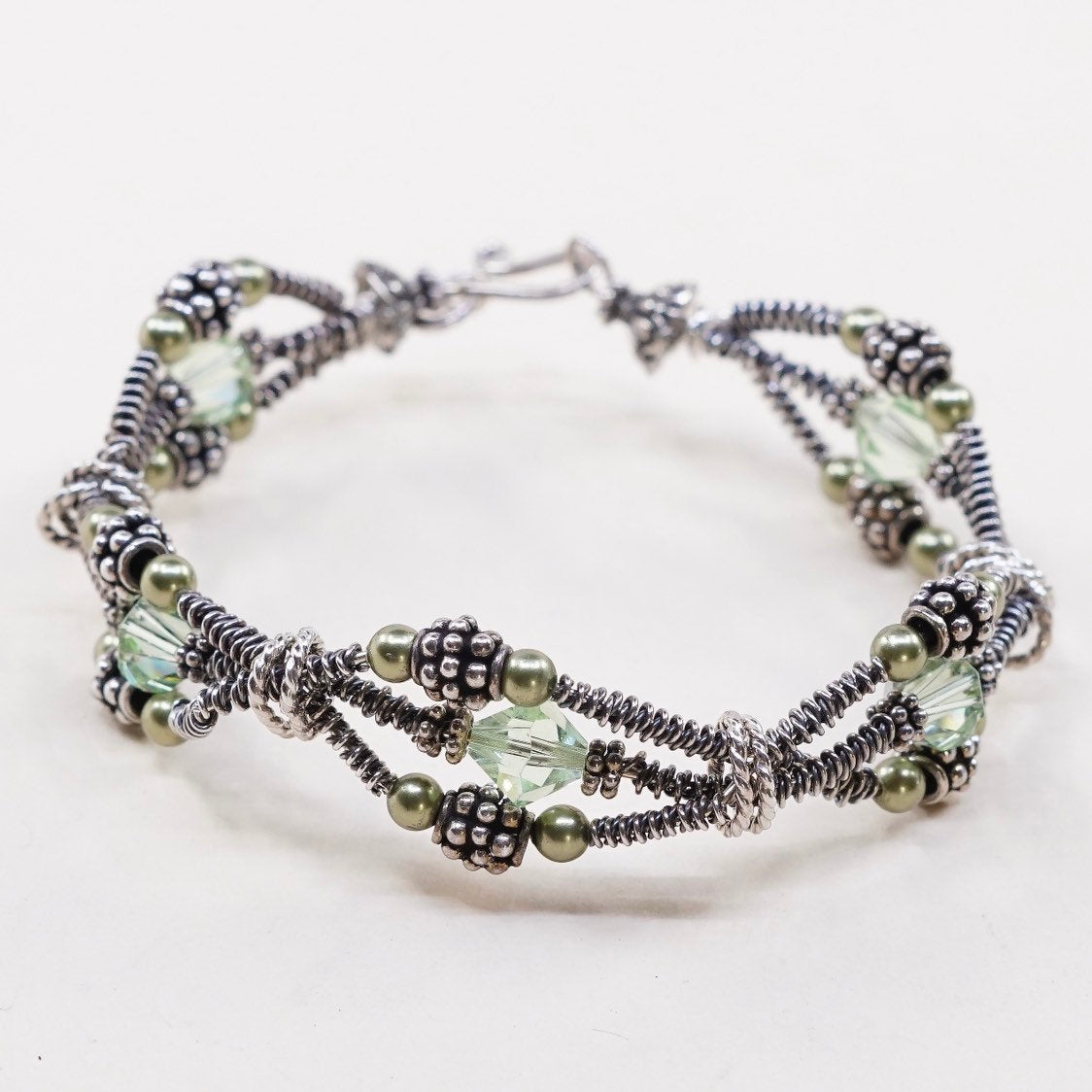 7", VTG sterling silver handmade bracelet, 925 bangle w/ beads N crystal