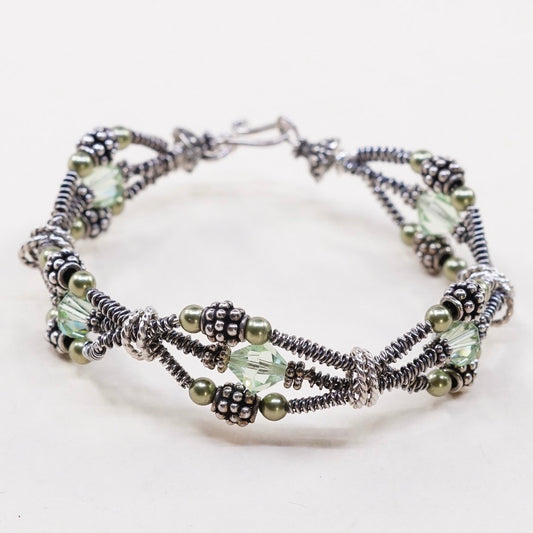 7", VTG sterling silver handmade bracelet, 925 bangle w/ beads N crystal