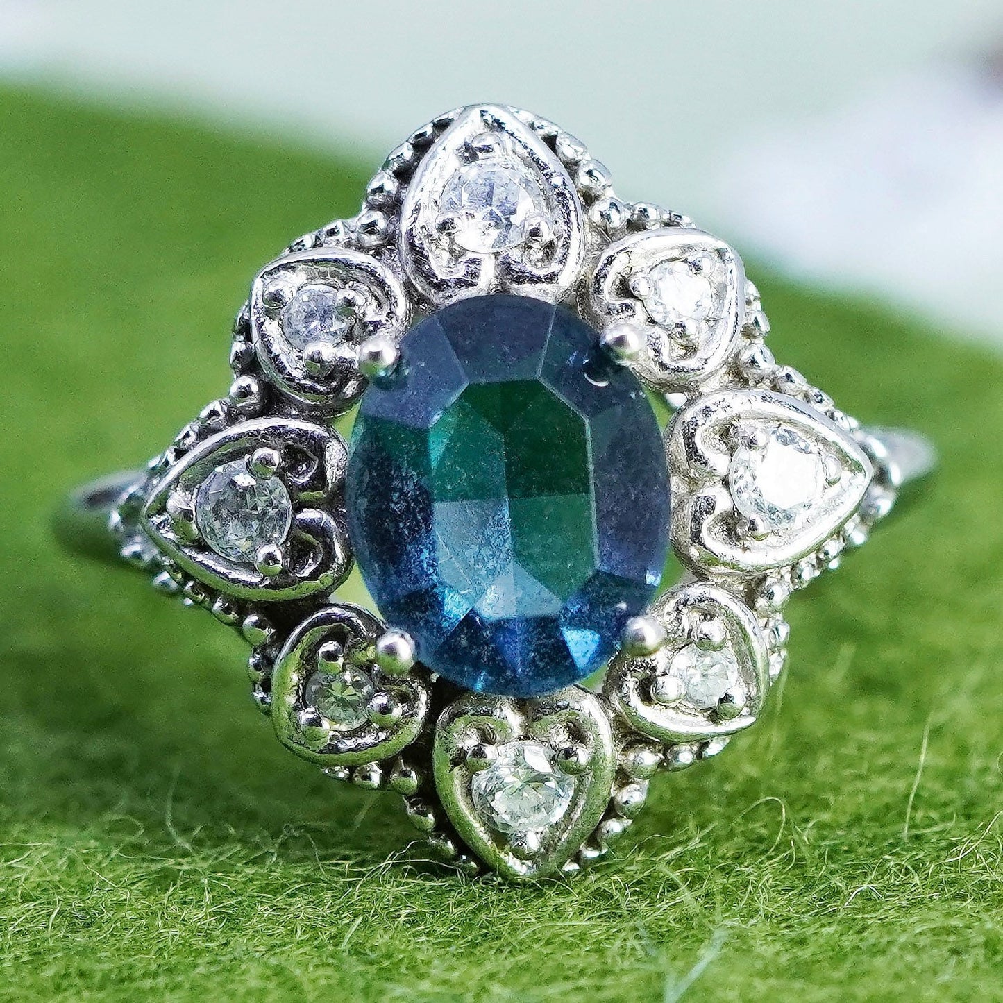 Size 7, vintage sterling 925 silver handmade ring with blue topaz and cz