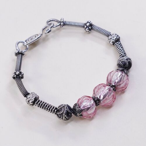 6.75”, Mexico Sterling 925 Silver Handmade Hinged Bangle W/ Pink Foiled Glass