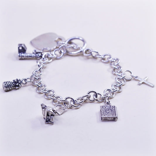 6.75” sterling silver bracelet, bold circle chain heart bible cross piano