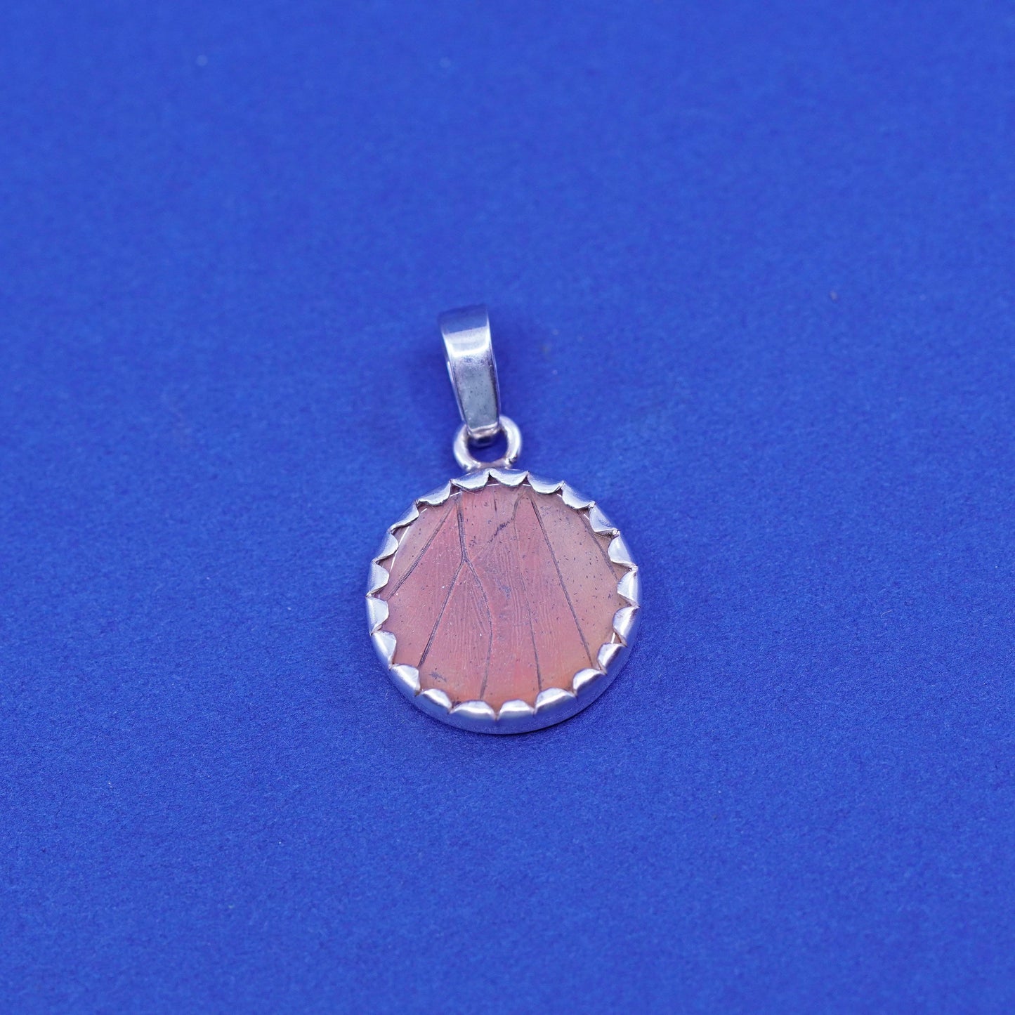 Vintage Sterling 925 silver handmade round pendant w/ resin blue butterfly wing