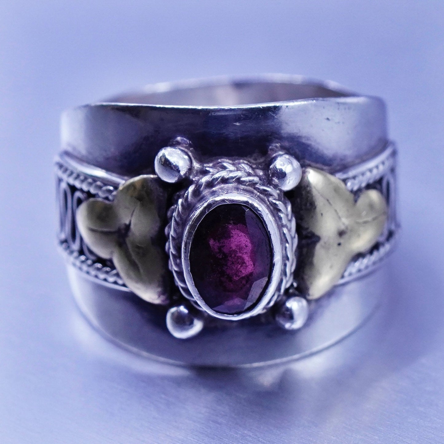 Size 6.25, vintage Sterling 925 silver handmade wide ring with ruby and cable