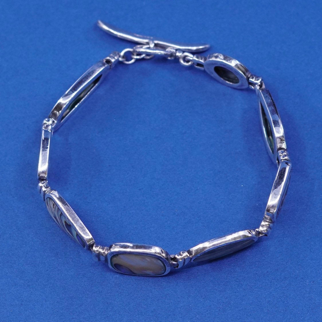7”, vtg CFJ sterling silver handmade bracelet 925 w/ abalone and toggle closure