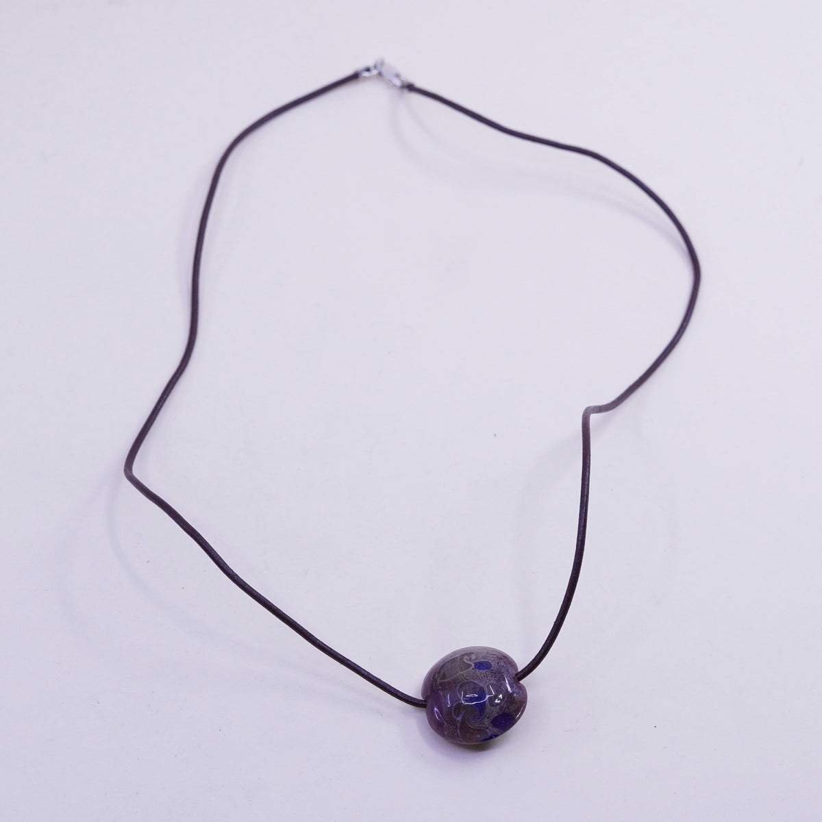 18", sterling 925 silver necklace brown leather core artisan glass pendant