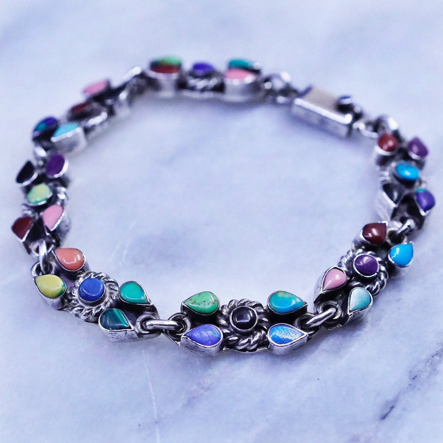7.75”,vtg Mexico Sterling 925 silver bracelet turquoise malachite onyx lapis