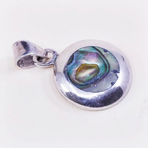 VTG mexico sterling silver handmade pendant, 925 frame w/ abalone, Stamped 925
