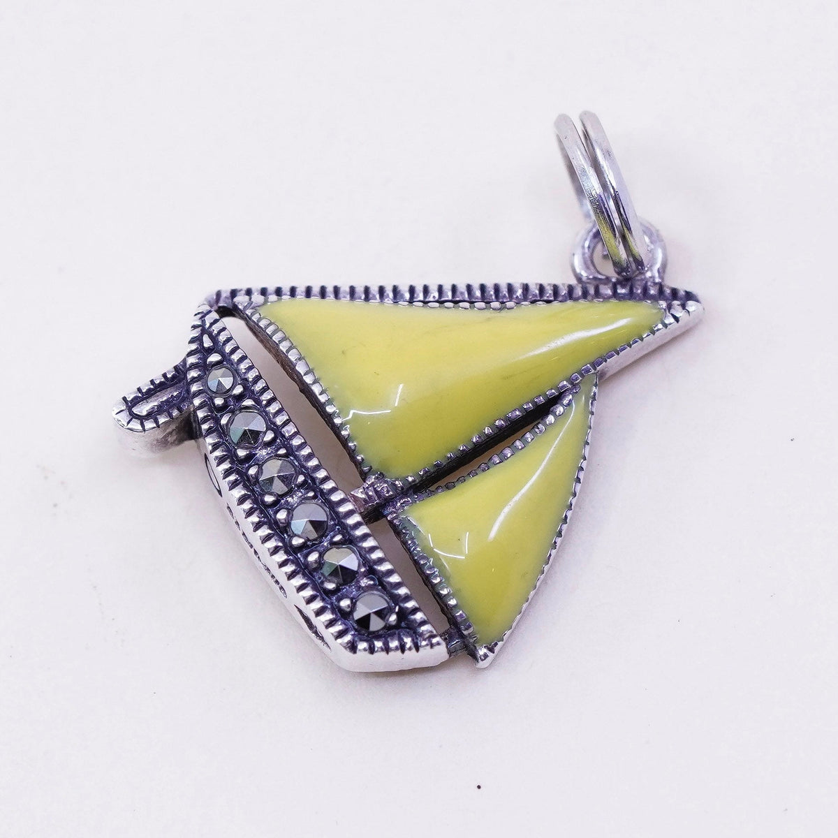Judith Jack sterling silver pendant, yellow enamel 925 sailing boat Marcasite