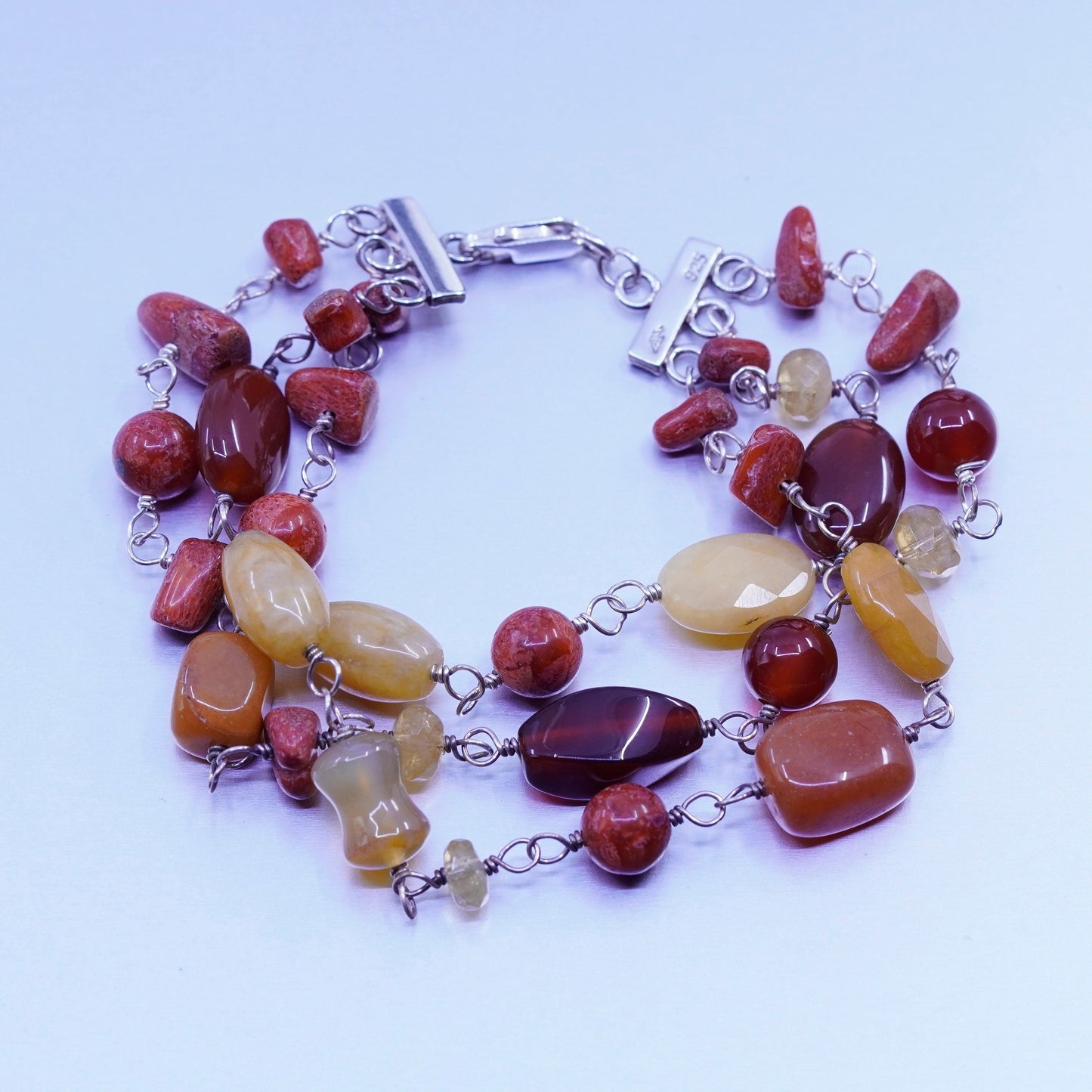 7”, vtg Sterling 925 silver beaded bracelet w/ agate coral citrine carnelian