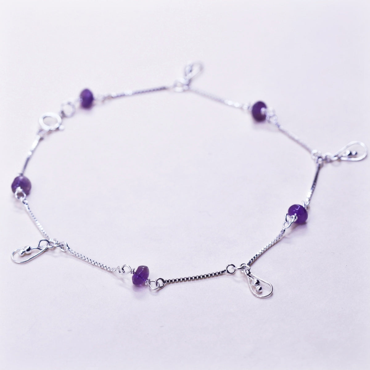 9.5”, Vintage sterling silver bracelet, Italy 925 box anklet amethyst beads