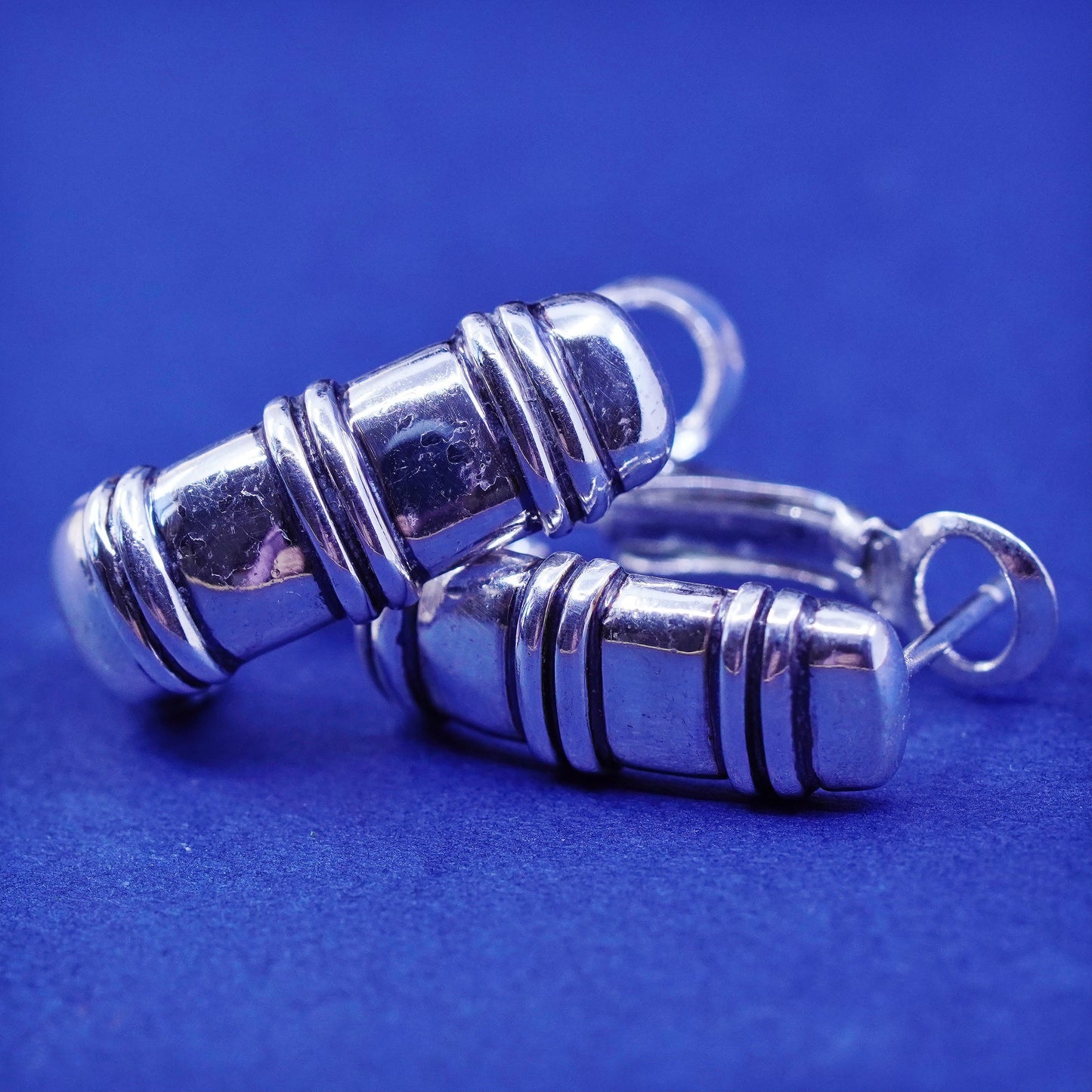 0.75”, vtg Sterling silver handmade earrings, modern 925 ribbed hoops Huggie
