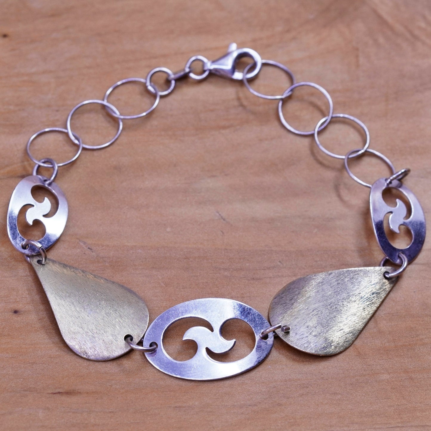 7.5”, vintage two tone Sterling silver handmade bracelet, 925 leafy chain