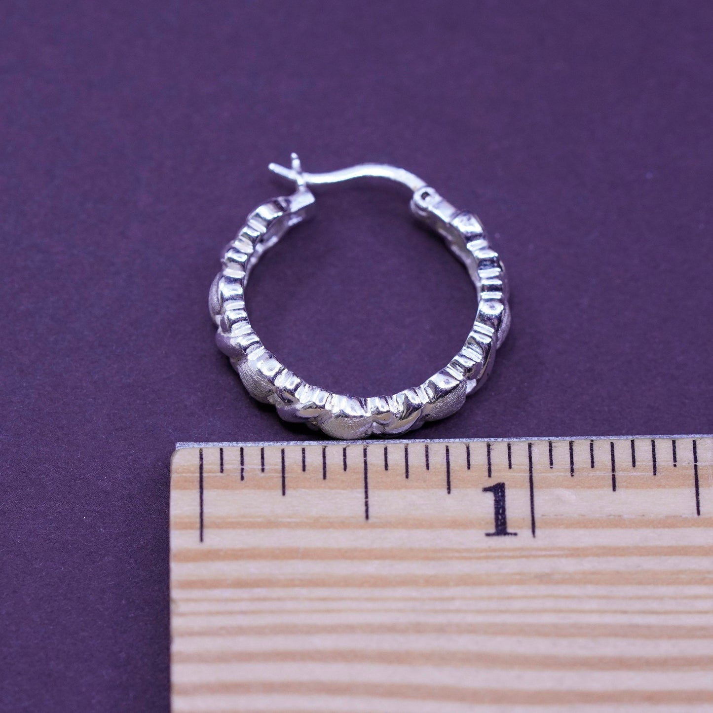 0.75”, Vintage Sterling silver handmade earrings, 925 heart textured hoops