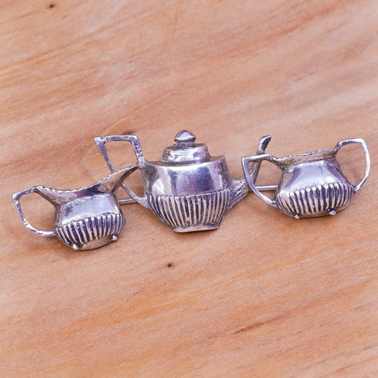 Vintage museum sterling 925 silver Victorian Teapot set pendant brooch