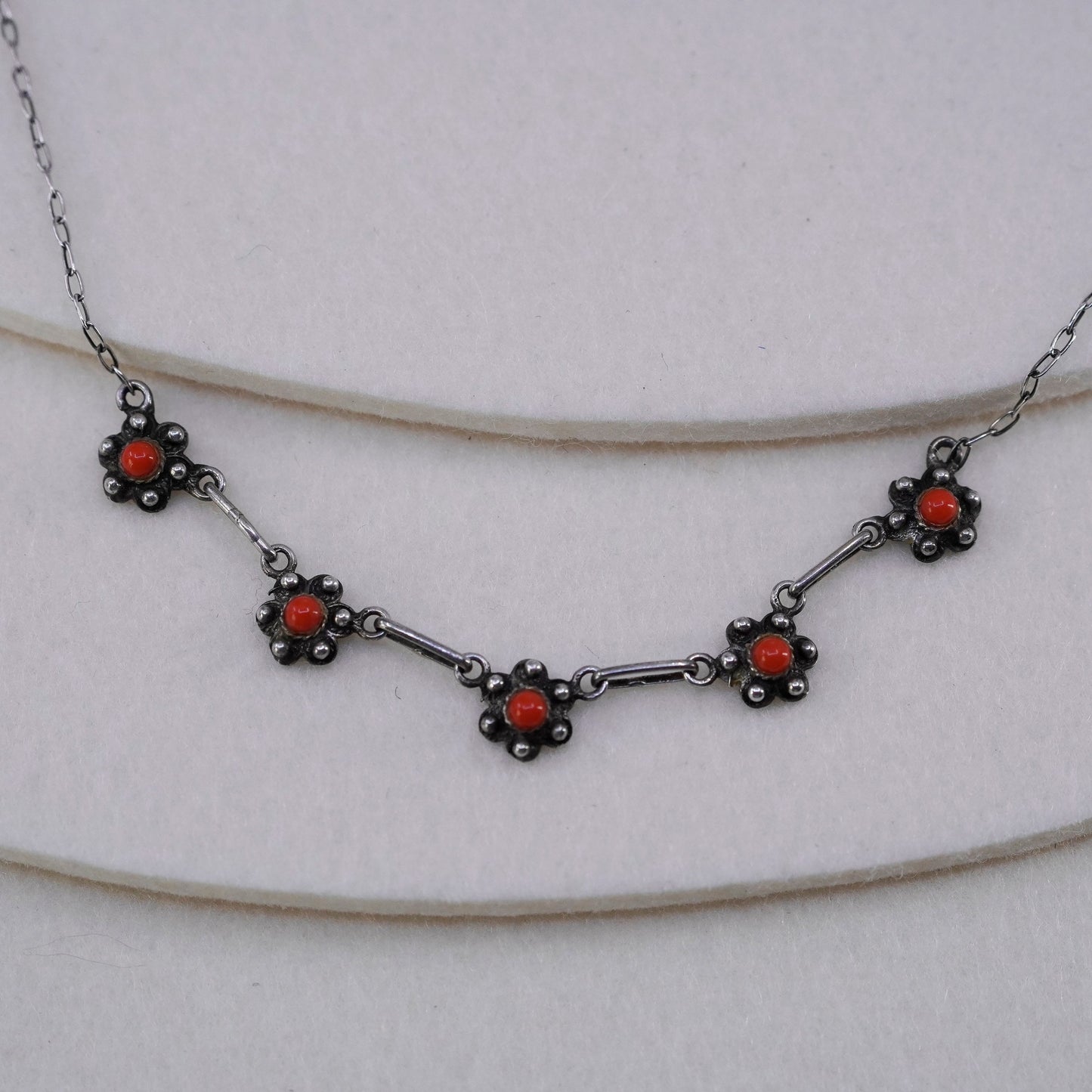18”, Native American Sterling 925 silver handmade necklace coral flower pendant