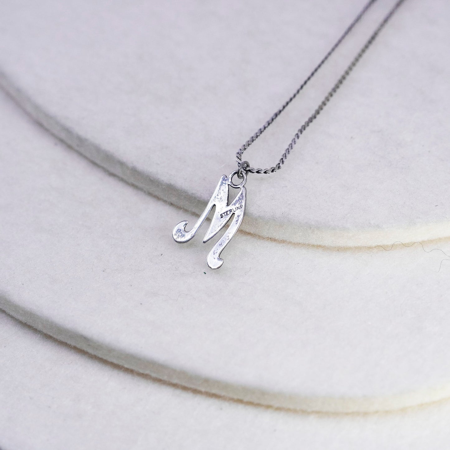 22”, vintage Sterling silver necklace, 925 s link woven chain letter M pendant
