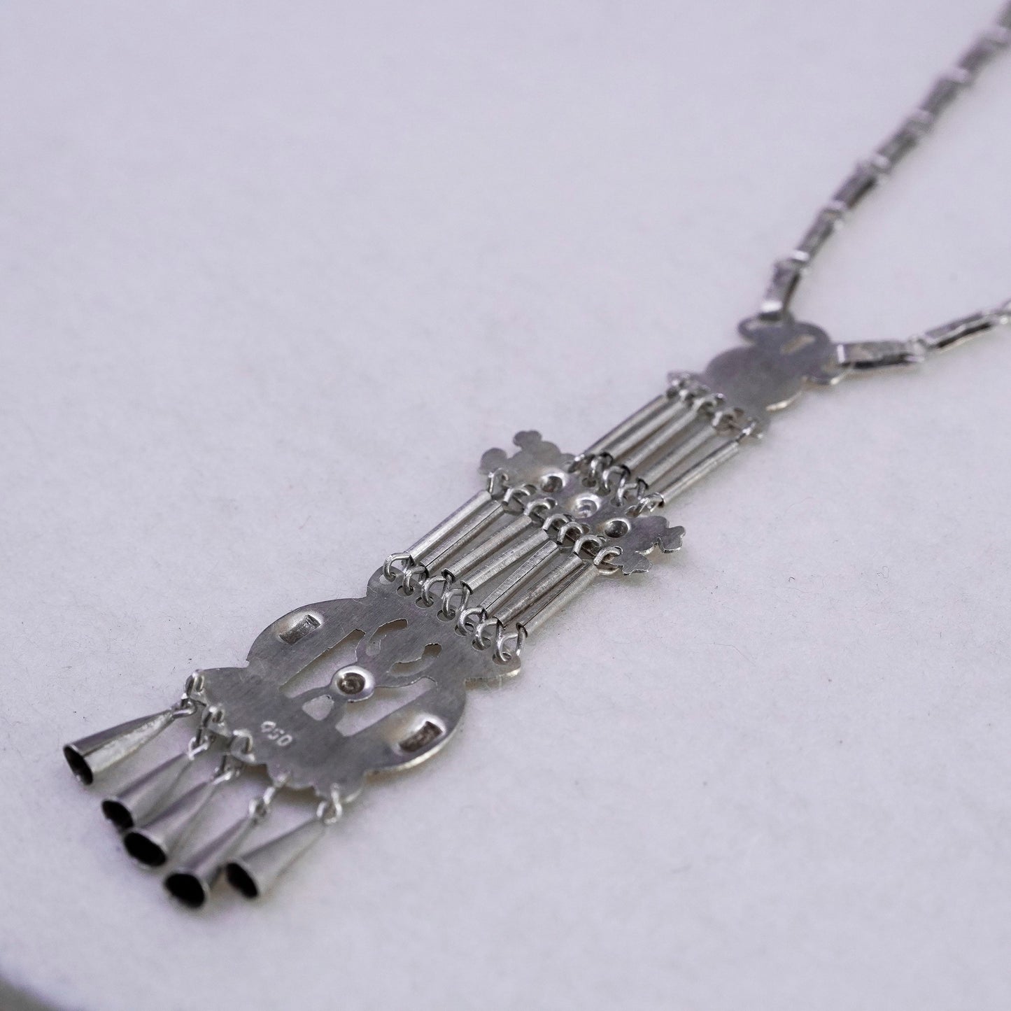 18”, Sterling 950 silver handmade elongated chain necklace with fringe pendant