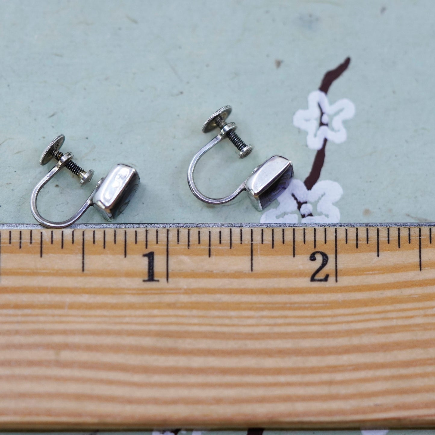 Vintage sterling 925 silver handmade screw back square earrings with abalone