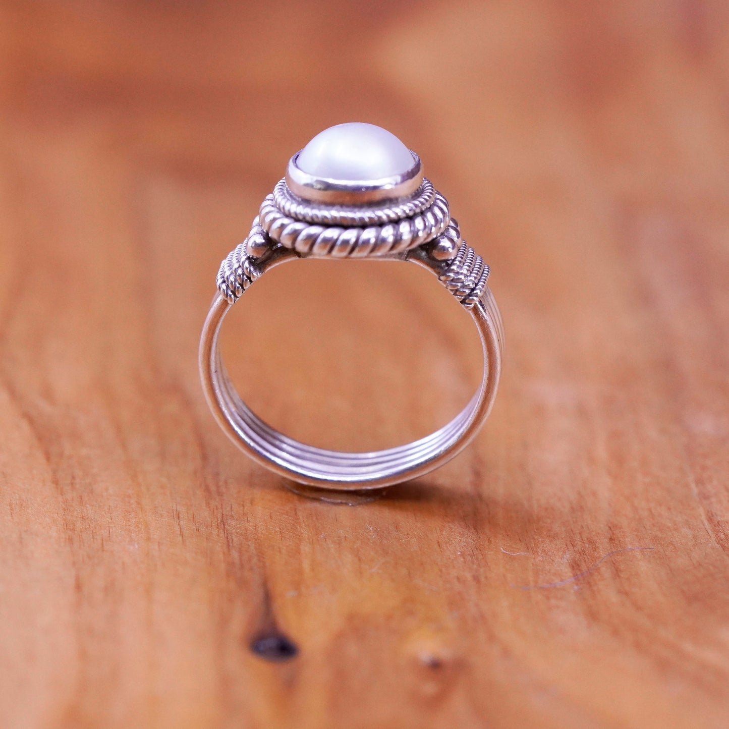 Size 6.5, vintage Sterling 925 silver handmade Pearl Ring with beads and cable