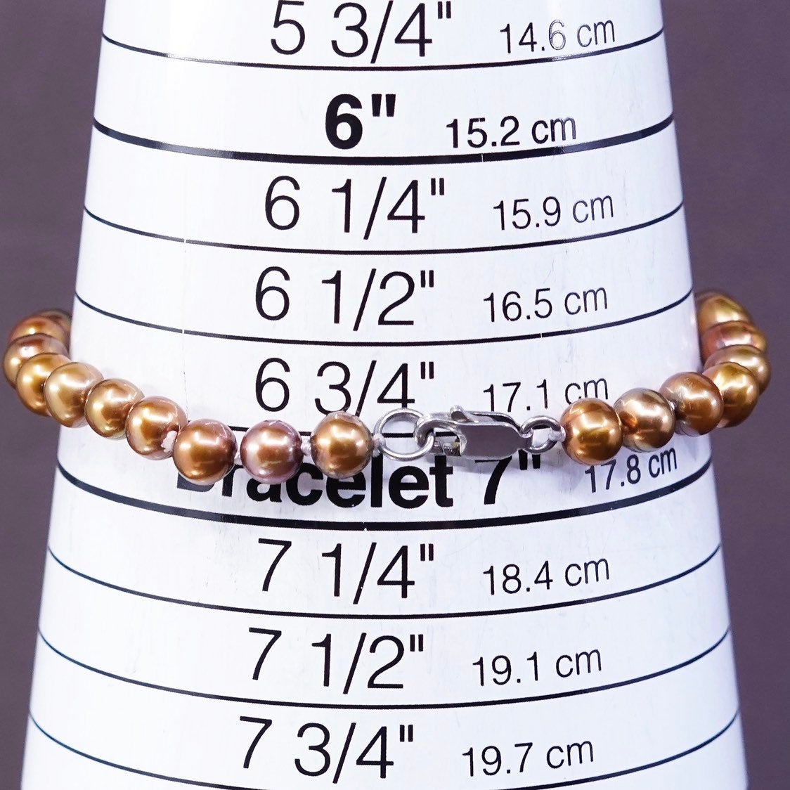 6.75”, vtg Sterling silver handmade bracelet, golden pearl chain w/ 925 clasp