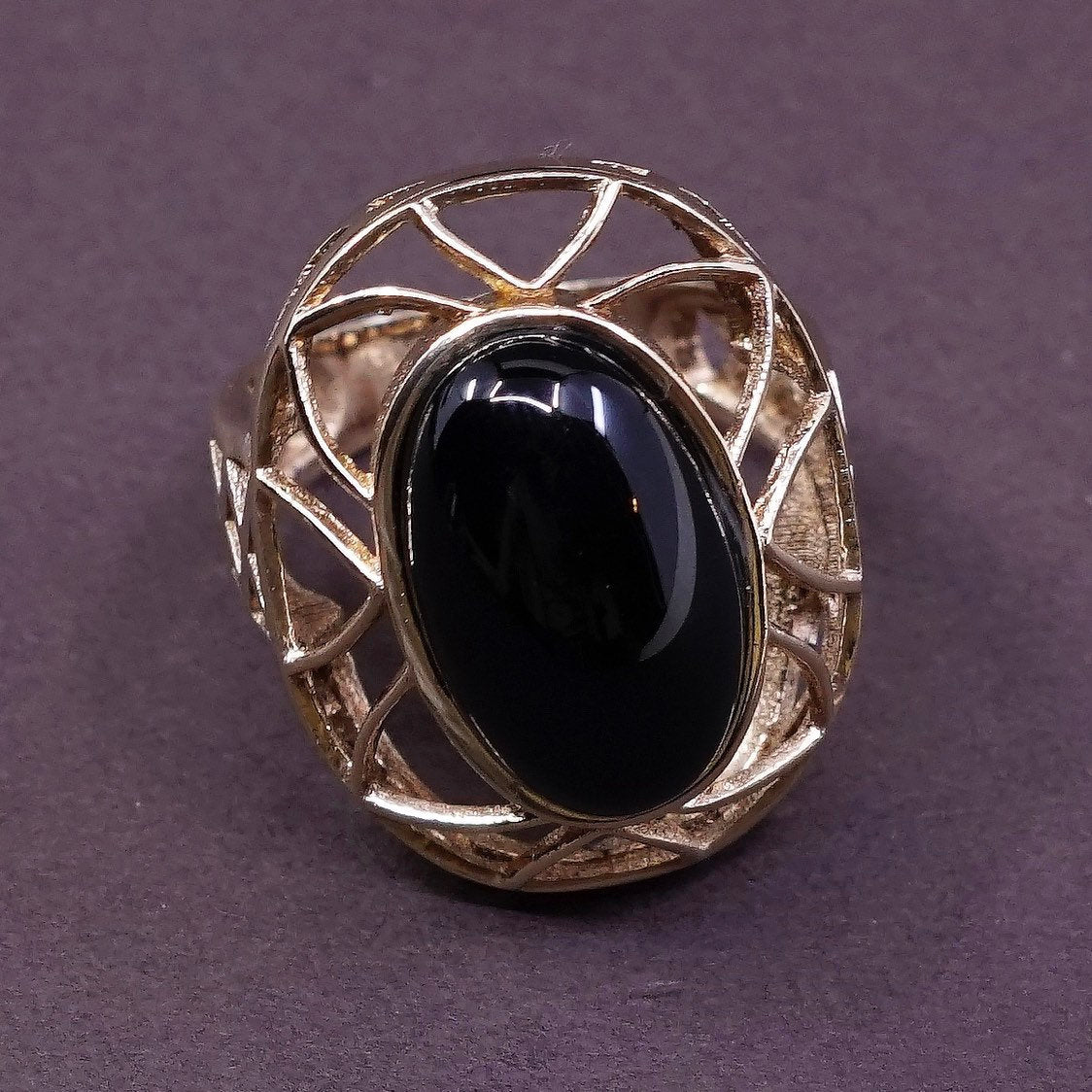 sz 6, vermeil gold over Sterling silver handmade ring, modern 925 w/ obsidian