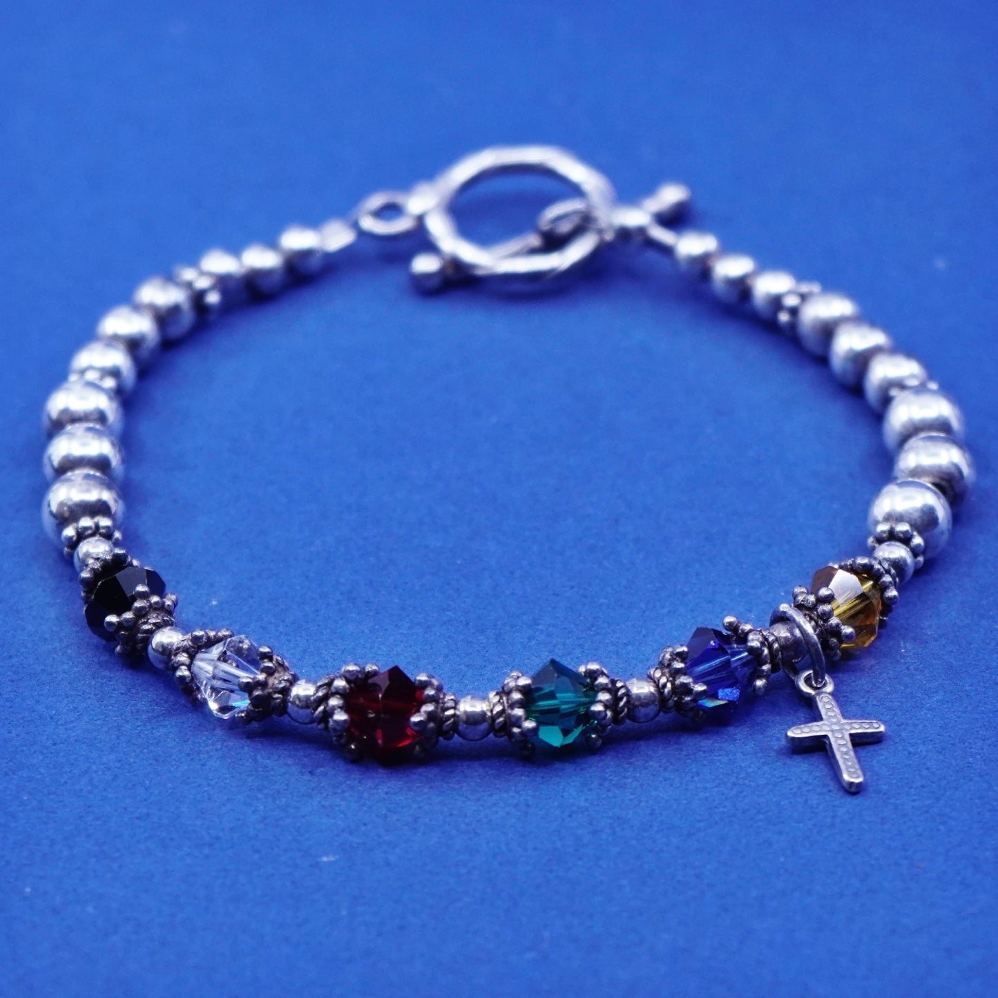 6.75”, vtg Sterling 925 silver handmade bracelet crystal beads with cross charm