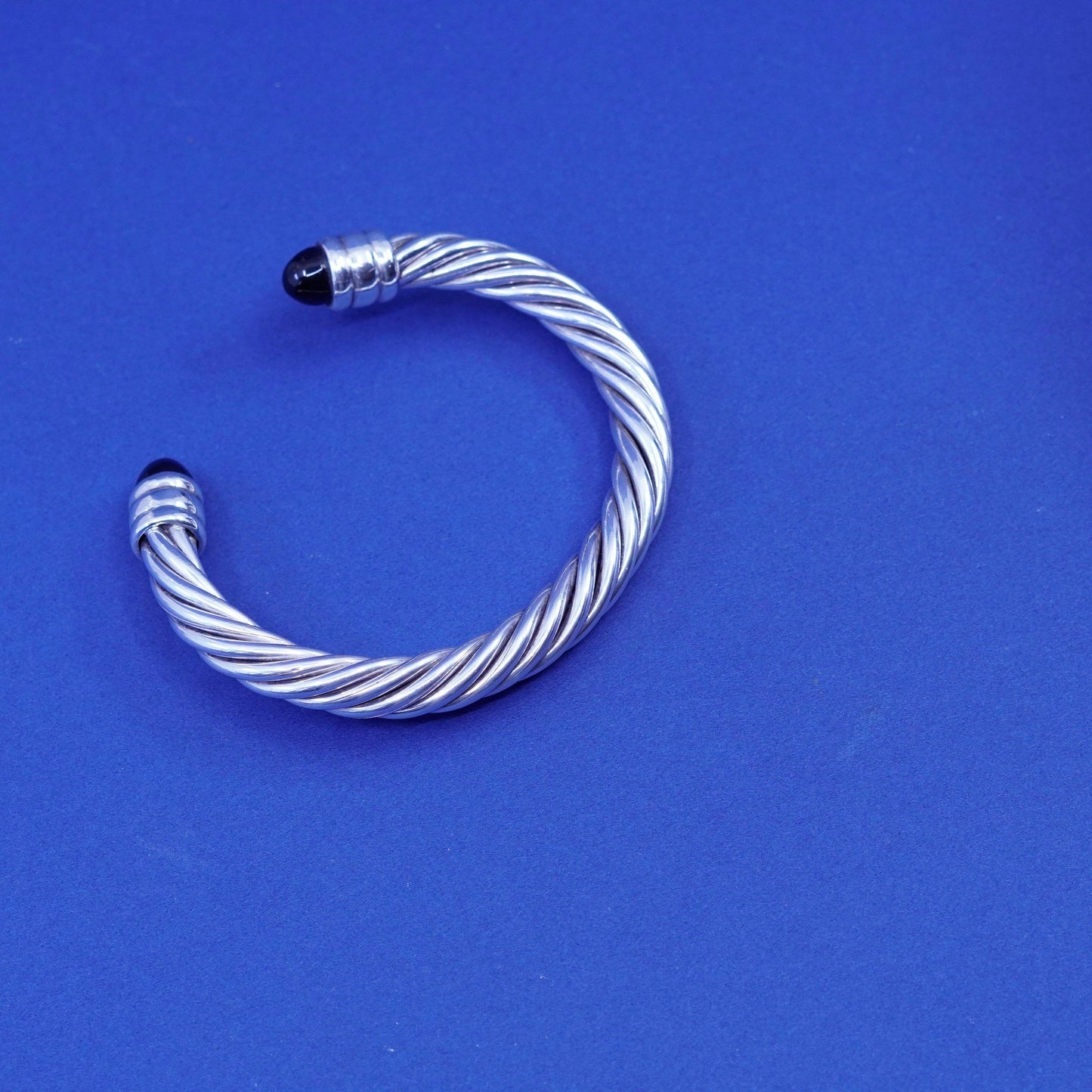 6.5”, sterling silver bracelet, 925 twisted cable cuff with obsidian beads end