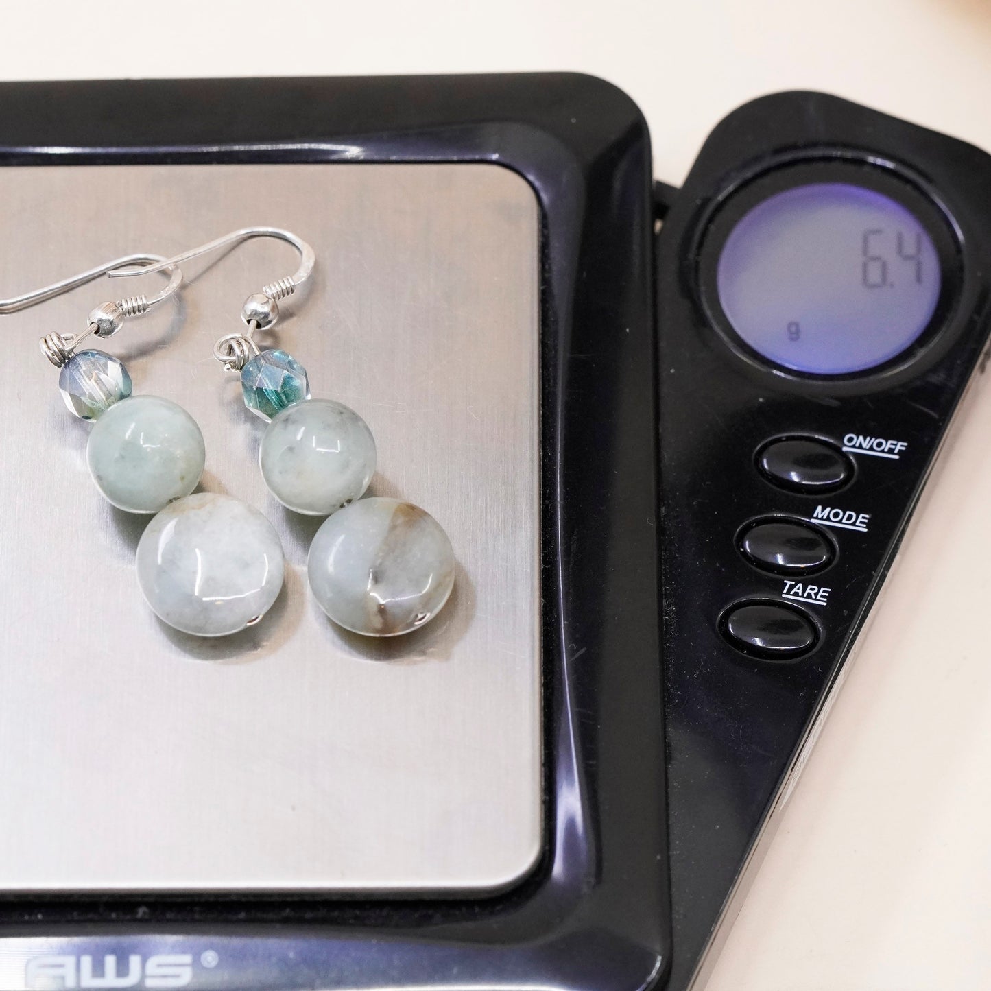 Vintage sterling silver handmade earrings, 925 hooks with jade and topaz beads