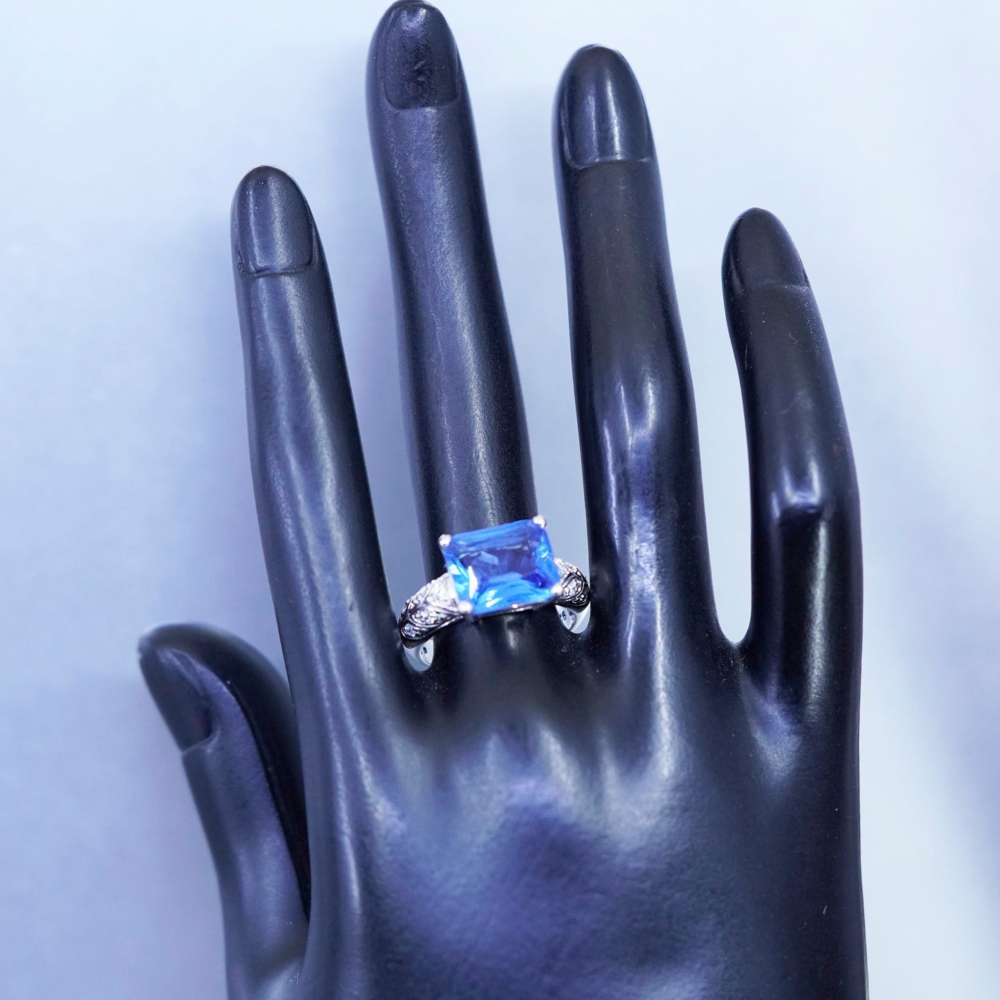 Size 8, vintage Sterling 925 silver handmade ring with blue Cz