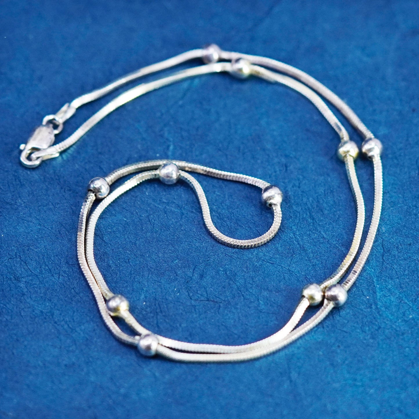 18”, 1.6mm, vintage Sterling silver necklace, 925 square snake chain with beads