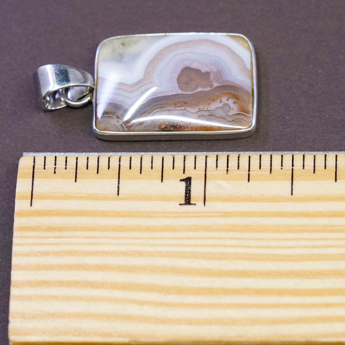 Vintage Sterling silver handmade pendant, square 925 pendant w/ lace agate