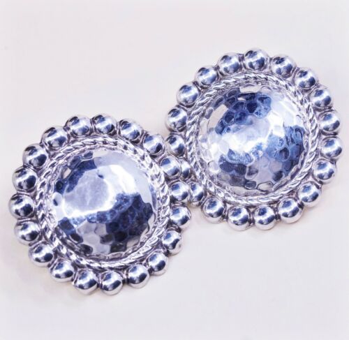 VINTAGE Fas Sterling Silver 925 Hammered Round Huge Studs EARRINGS W Beads