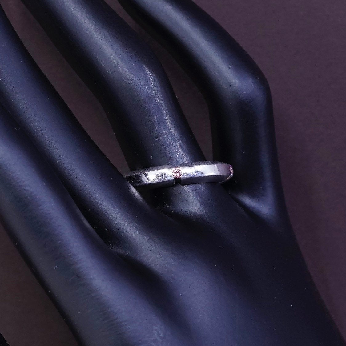 sz 8.5, vtg GB Sterling silver handmade ring, modern 925 w/ pink Quartz