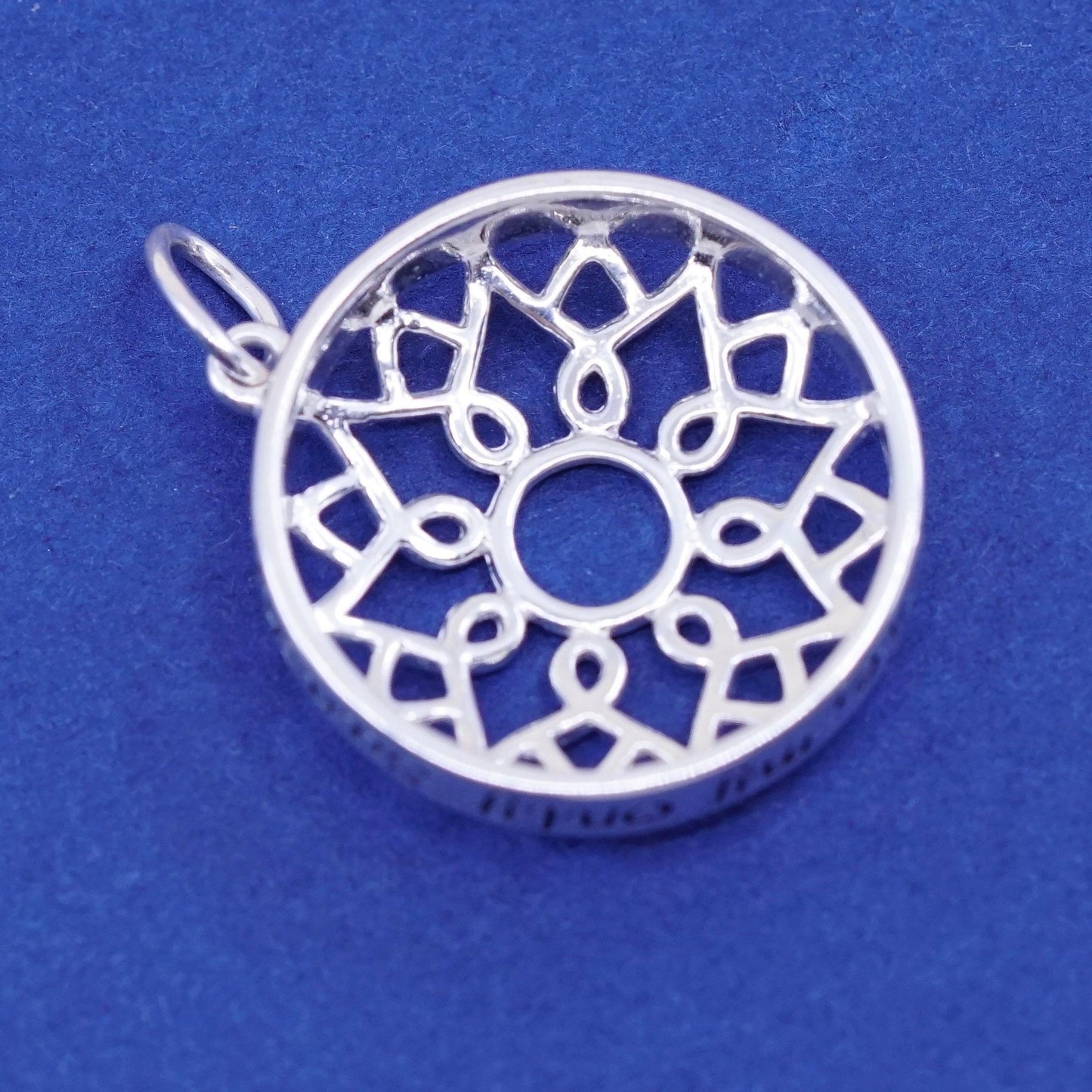 vtg sterling 926 silver handmade pendant, filigree swirl circle charm sunshine