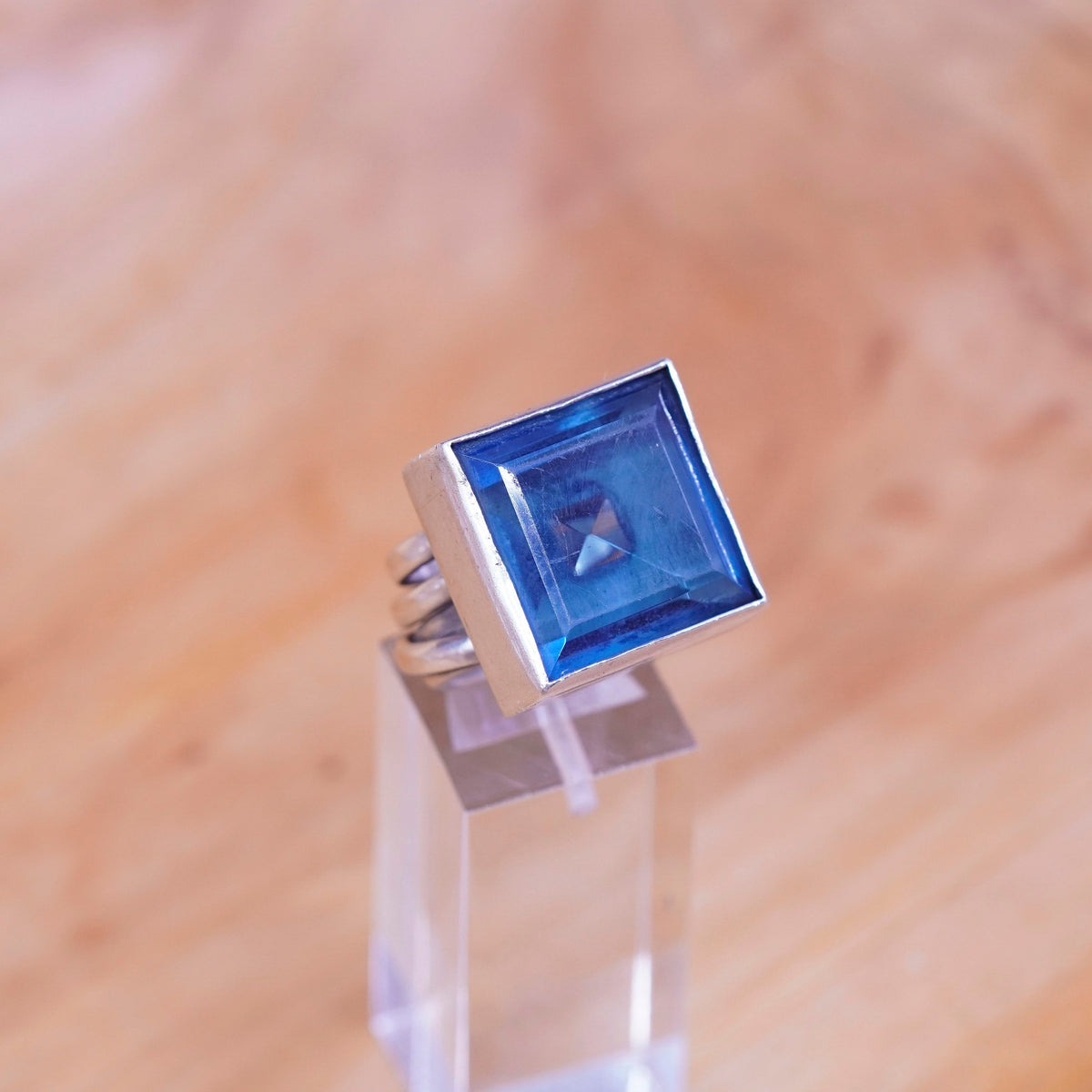 sz 5.5, vintage handmade statement ring, Sterling Silver square blue glass Ring
