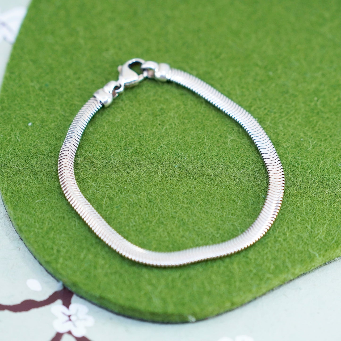 6.75”, 5mm, Vintage sterling silver flatten snake bracelet, 925 chain
