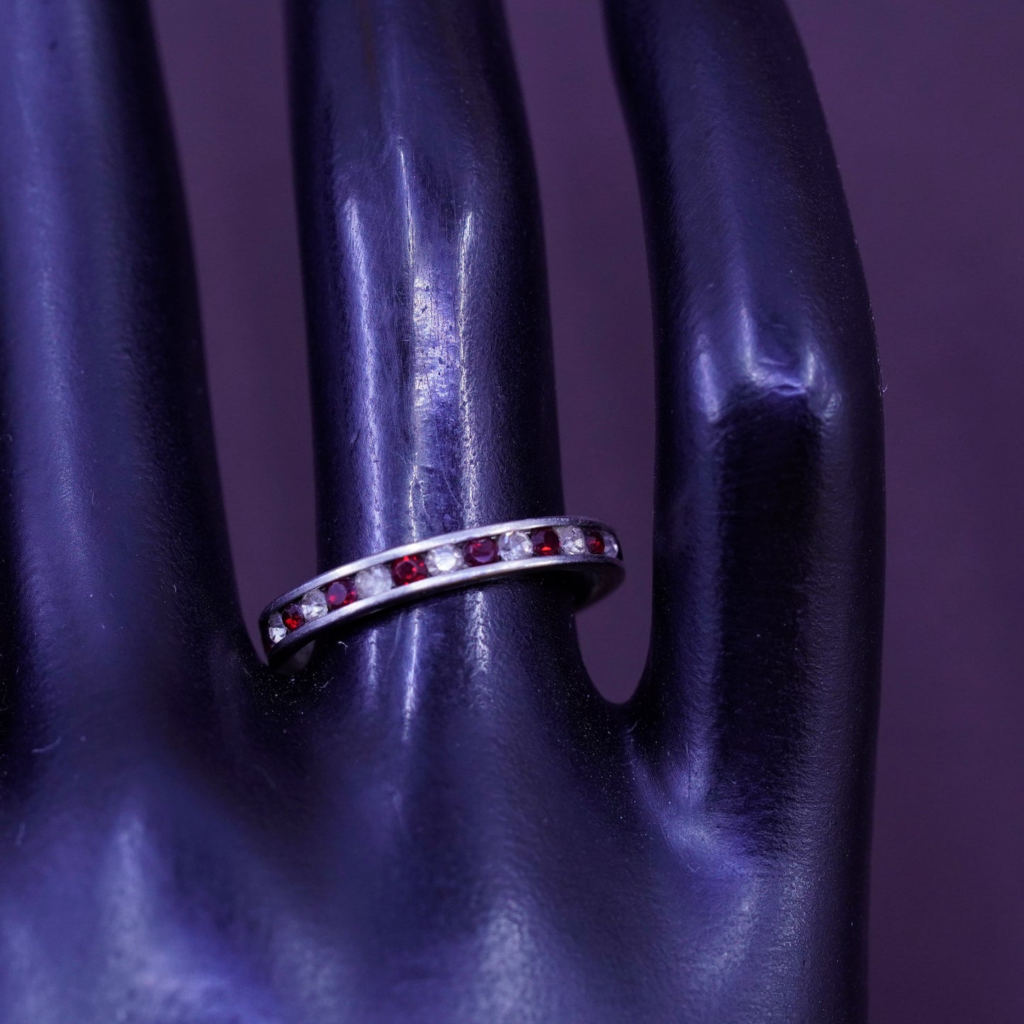 Size 7.25, vintage Sterling silver handmade ring, 925 band with ruby and cz