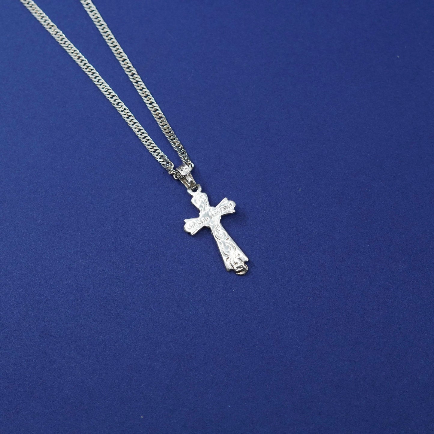 24”, 3mm, Sterling silver necklace, 925 curb chain cross pendant relief Jesus