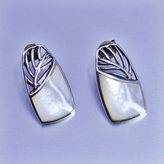 Vintage Sterling 925 silver earrings, heart studs with pink mother of pearl